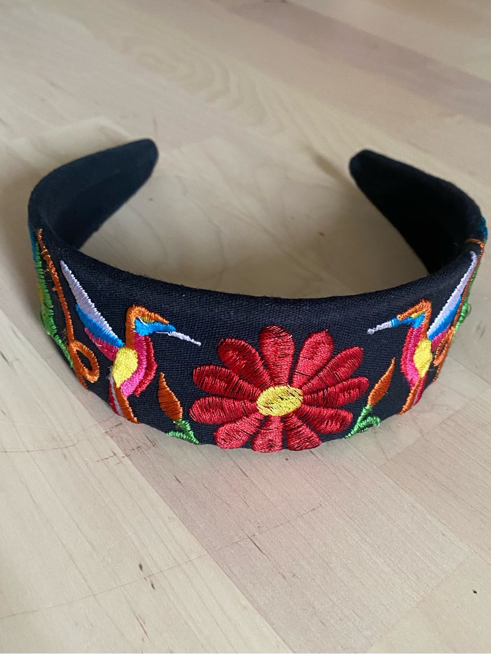 Mexican Embroidered Black Floral & Hummingbird Padded Headband